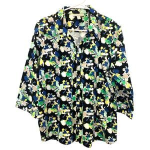 Dana Buchman Shirt XL Blue Button Up Floral 3/4 Sleeves Business Casual Office